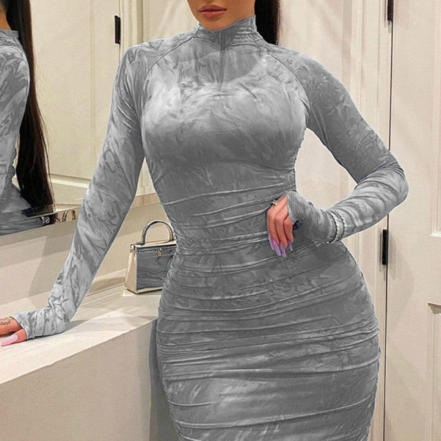 HGM Women's Bodycon Dress Pleated Elegant Long Sleeve Party Dresses for Ladies Sexy Tight Female Clothing