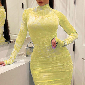 HGM Women's Bodycon Dress Pleated Elegant Long Sleeve Party Dresses for Ladies Sexy Tight Female Clothing