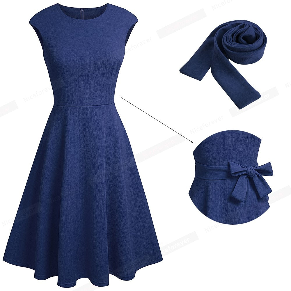 Women Vintage Pure Color Dresses Cocktail Wedding Party Elegant Flare Dress