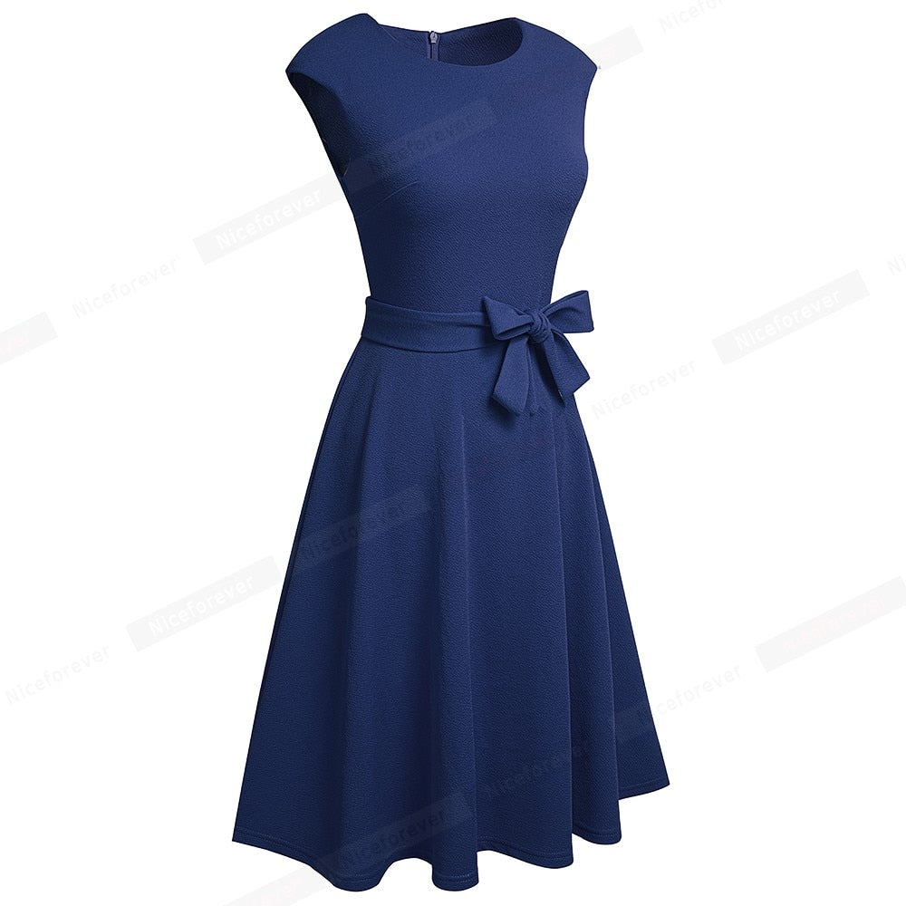 Women Vintage Pure Color Dresses Cocktail Wedding Party Elegant Flare Dress