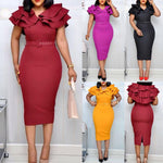 Load image into Gallery viewer, Fashion Women Dresses Office Lady Solid Color V Neck Short Ruffled Sleeve Belt Bodycon Midi Dress
