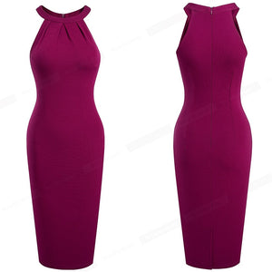 Women Elegant Pure Color Sexy Halter Dresses Cocktail Party Vintage Bodycon Sheath Dress