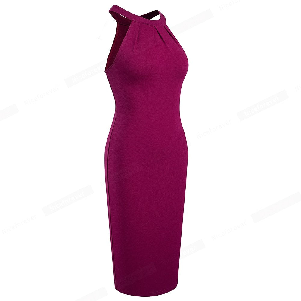 Women Elegant Pure Color Sexy Halter Dresses Cocktail Party Vintage Bodycon Sheath Dress