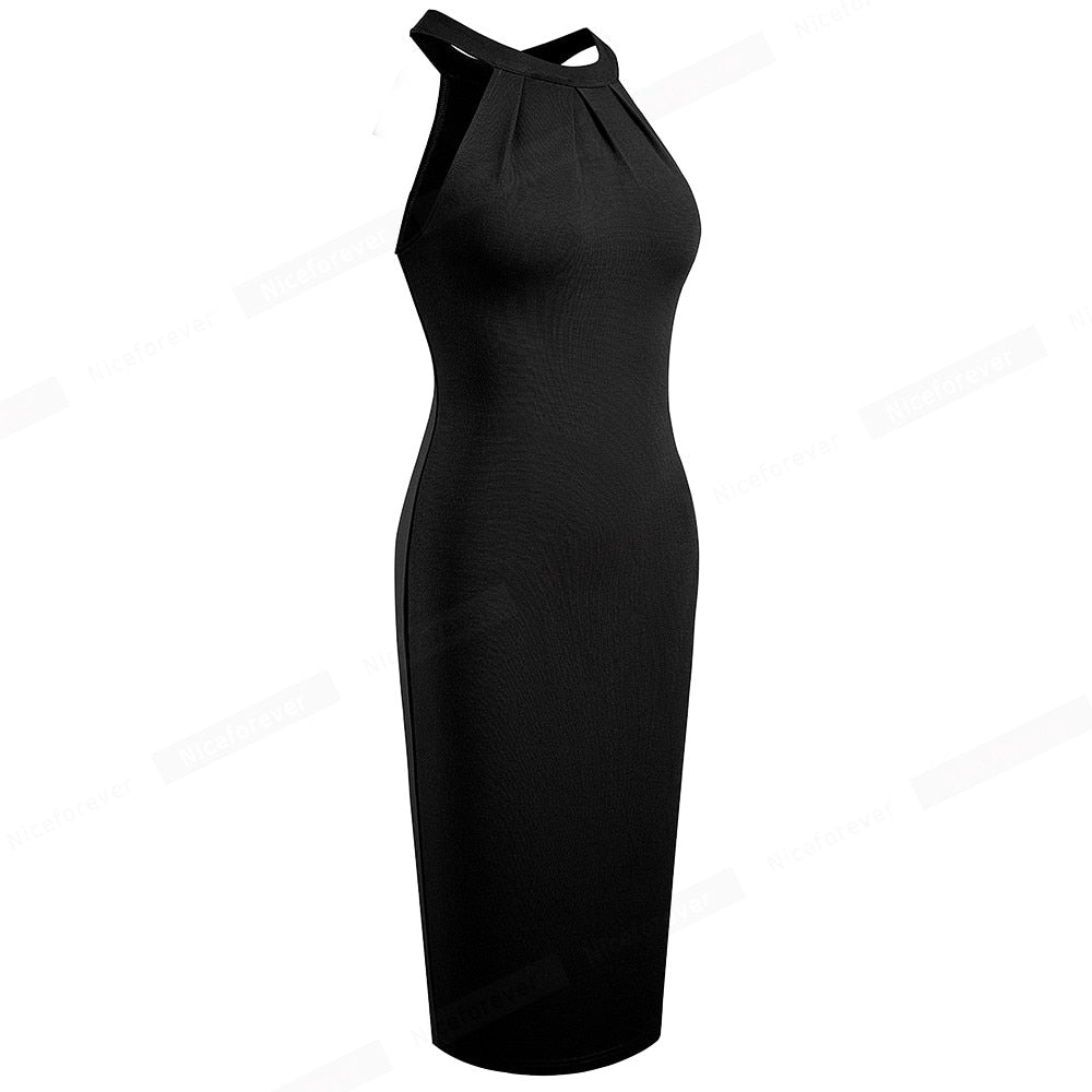 Women Elegant Pure Color Sexy Halter Dresses Cocktail Party Vintage Bodycon Sheath Dress