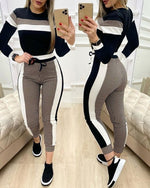 Load image into Gallery viewer, Colorblock Plaid Striped Short Sleeve Tape Top &amp; Drawstring Pants Set Casual Basic Women Two Piece Set
