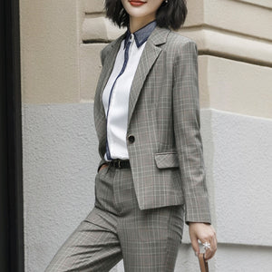 HGM High Quality Fashion Plaid Suits Women New Business Long Sleeve Blazer and Trousers Office Ladies Work Wear