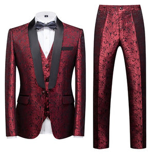 Men's Casual Business Boutique Flower Suit Three-piece Set Coat Jacket Pants