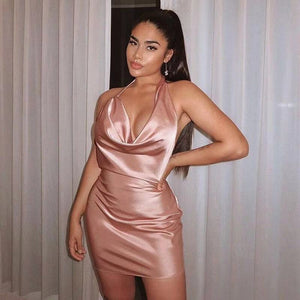 Pink Halter Neck Sexy Satin Dress Women Elegant Backless Silk Party Mini Dresses Casual Short Dress