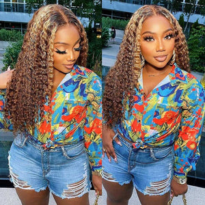 HGM Ombre Deep Wave Frontal Wig Honey Blonde Transparent Lace Wigs Curly Lace Front Human Hair Wigs T Part Highlight Deep Wave Wig