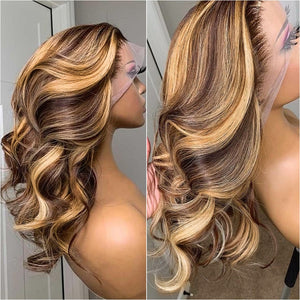Highlight Wig Human Hair Ombre Body Wave Lace Front Wig Brazilian 4x4 Closure Wig 4/27 Preplucked T Part Colored Human Hair Wigs
