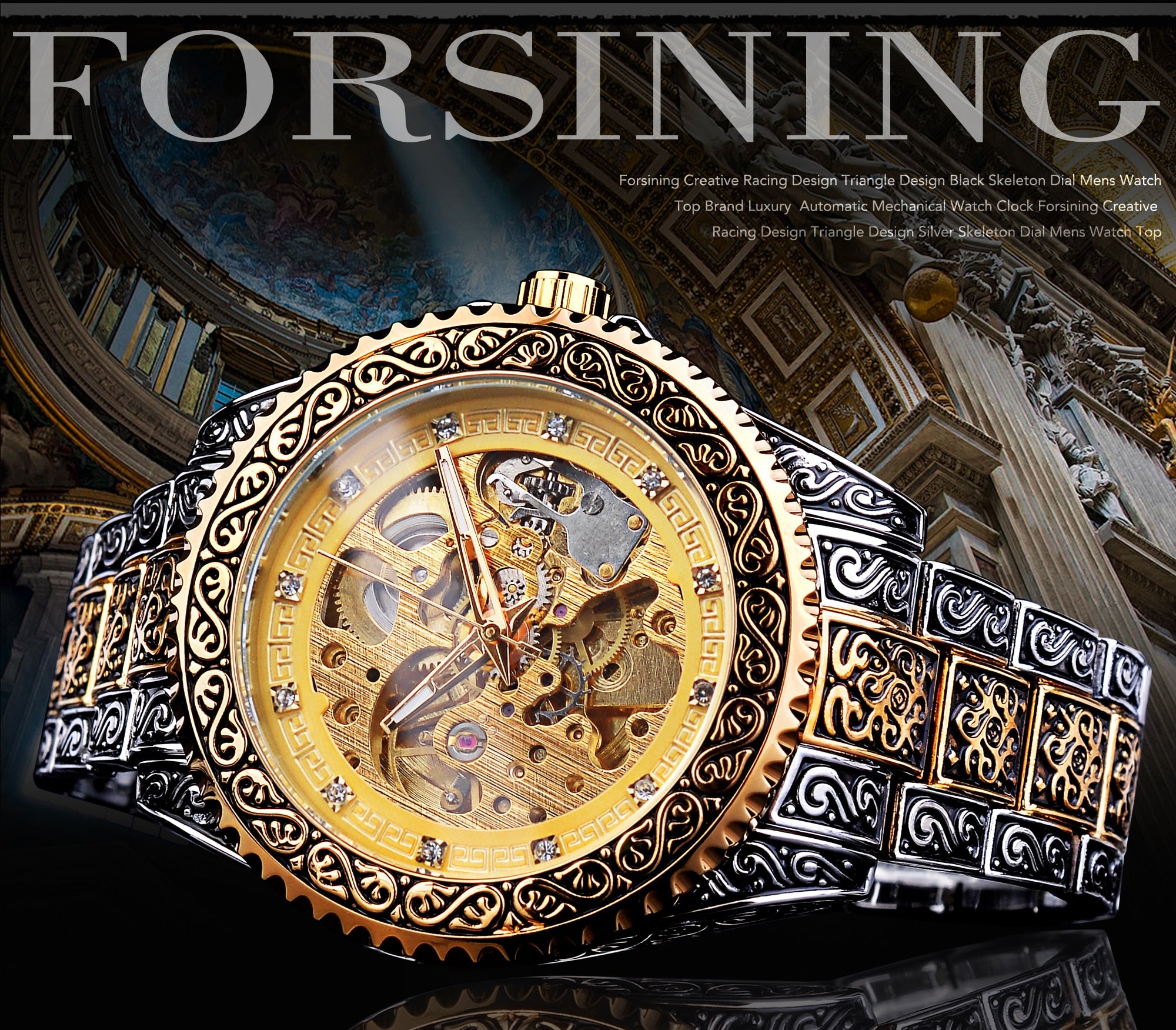 Luxury Men Automatic Mechanical Wristwatch Waterproof Stainless Steel Diamond Watch Golden Men's Clock Vintage