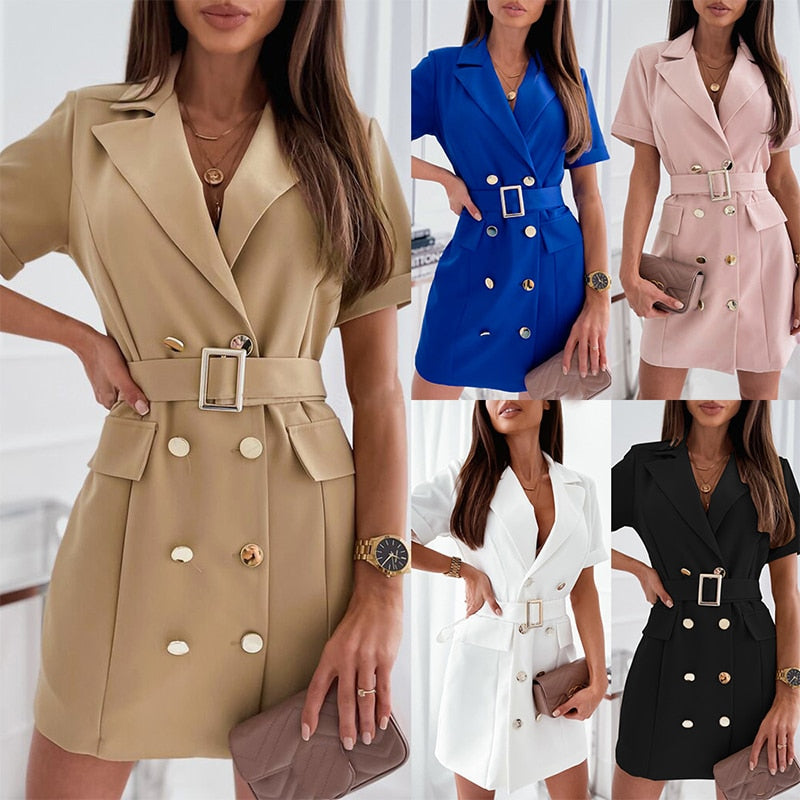 Women Spring Summer Turn-down Collar Solid Casual Suit Short Sleeve Dress Elegant Office Double Breasted Fashion Dress Vestidos