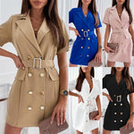 Load image into Gallery viewer, Women Spring Summer Turn-down Collar Solid Casual Suit Short Sleeve Dress Elegant Office Double Breasted Fashion Dress Vestidos
