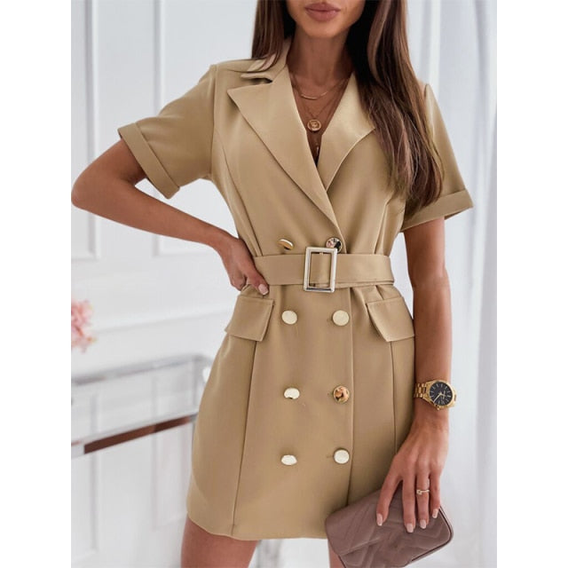 Women Spring Summer Turn-down Collar Solid Casual Suit Short Sleeve Dress Elegant Office Double Breasted Fashion Dress Vestidos