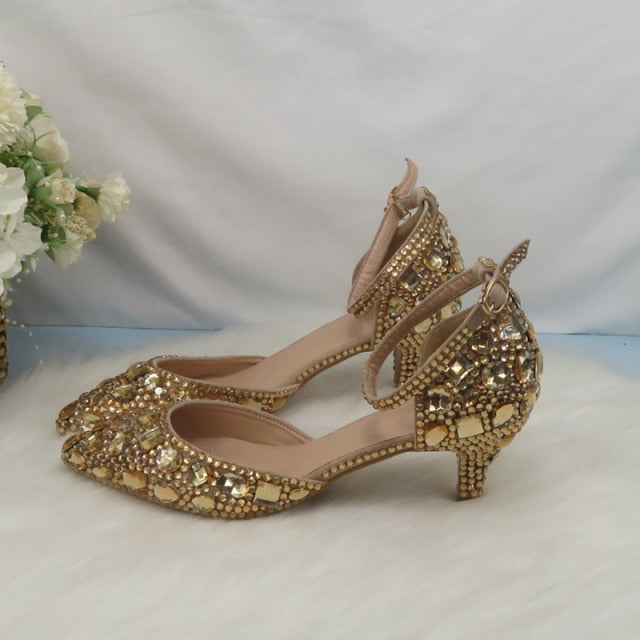 Golden Crystal Women Wedding Shoes - Rhinestone High Heels Ankle Strap Shoes