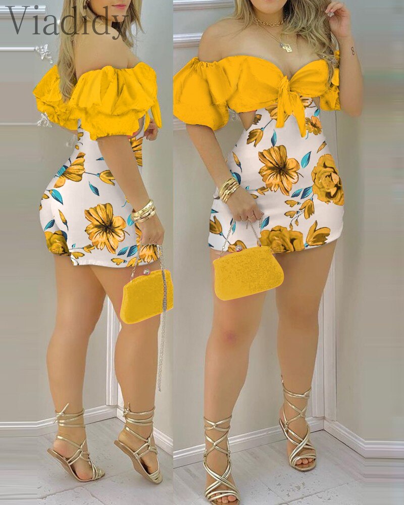 Off Shoulder Floral Print Ruffles Cutout Design Romper Knotted Puff Sleeve Skinny Playsuits