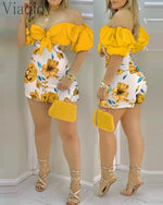 Load image into Gallery viewer, Off Shoulder Floral Print Ruffles Cutout Design Romper Knotted Puff Sleeve Skinny Playsuits
