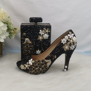 HGM Open Toe Black crystal Peacock Party Dress Wedding shoes Bride woman High heel platform shoes