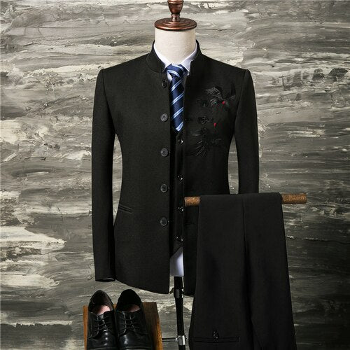Men Suit Coat Vest Pants Fashion Chinese Retro Style Wedding Groom Suit Stand Collar Classic Men Dress Blazers Jacket Trousers