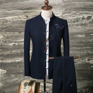 Men Suit Coat Vest Pants Fashion Chinese Retro Style Wedding Groom Suit Stand Collar Classic Men Dress Blazers Jacket Trousers
