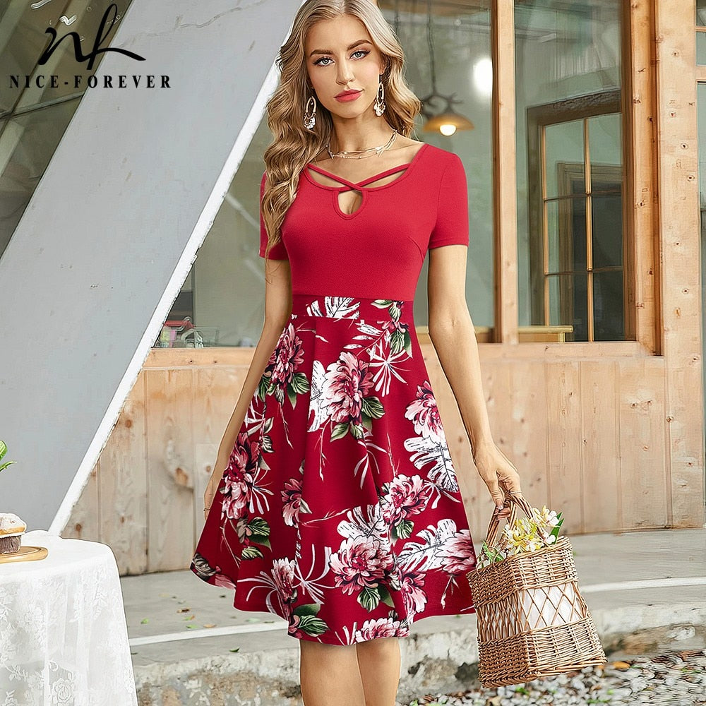 Women Boho Floral Print Elegant Dresses Casual Swing Flare Patchwork Dress