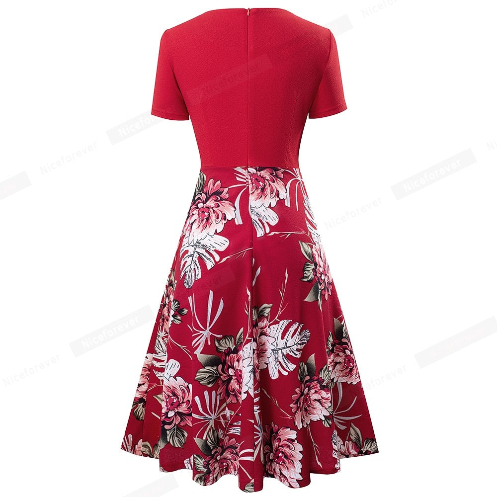 Women Boho Floral Print Elegant Dresses Casual Swing Flare Patchwork Dress