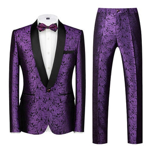 Men's Casual Business Boutique Flower Print Suit Two Piece Set  Men's Blazers Coat Jacket Pants Trousers