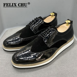 British Style Classic Men's Business Casual Shoes Patent Leather Suede Wingtip Brogue Oxfords Black Flat Fashion Shoes