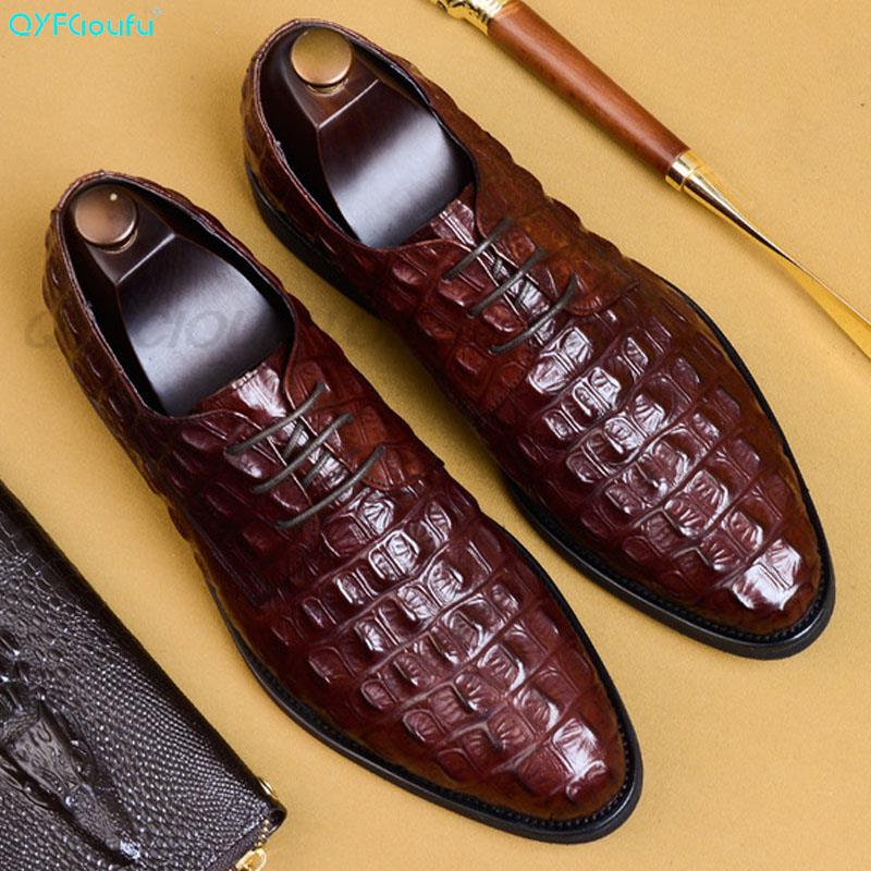 Crocodile Pattern Genuine Leather Men Oxford Shoes Pointed Toe Men Dress Shoes Big Size Lace Up Formal Shoes