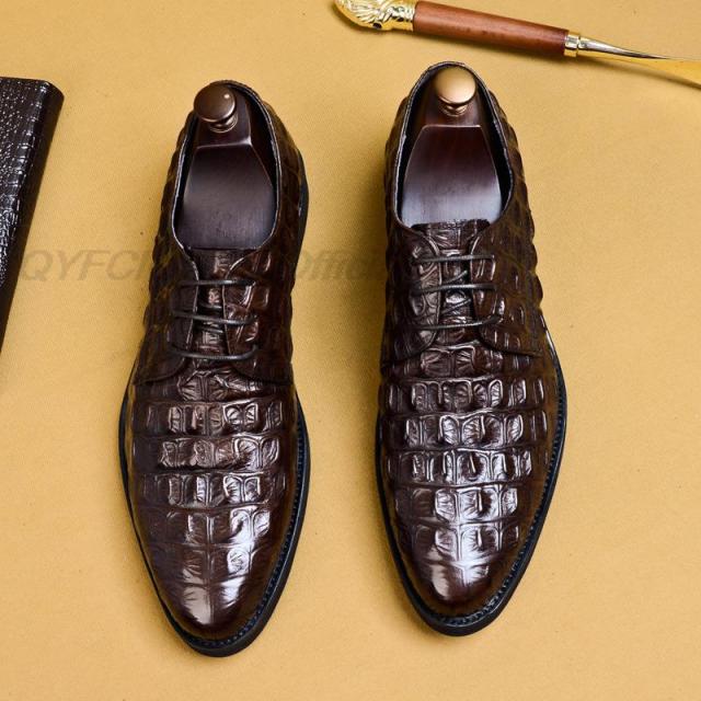 Crocodile Pattern Genuine Leather Men Oxford Shoes Pointed Toe Men Dress Shoes Big Size Lace Up Formal Shoes