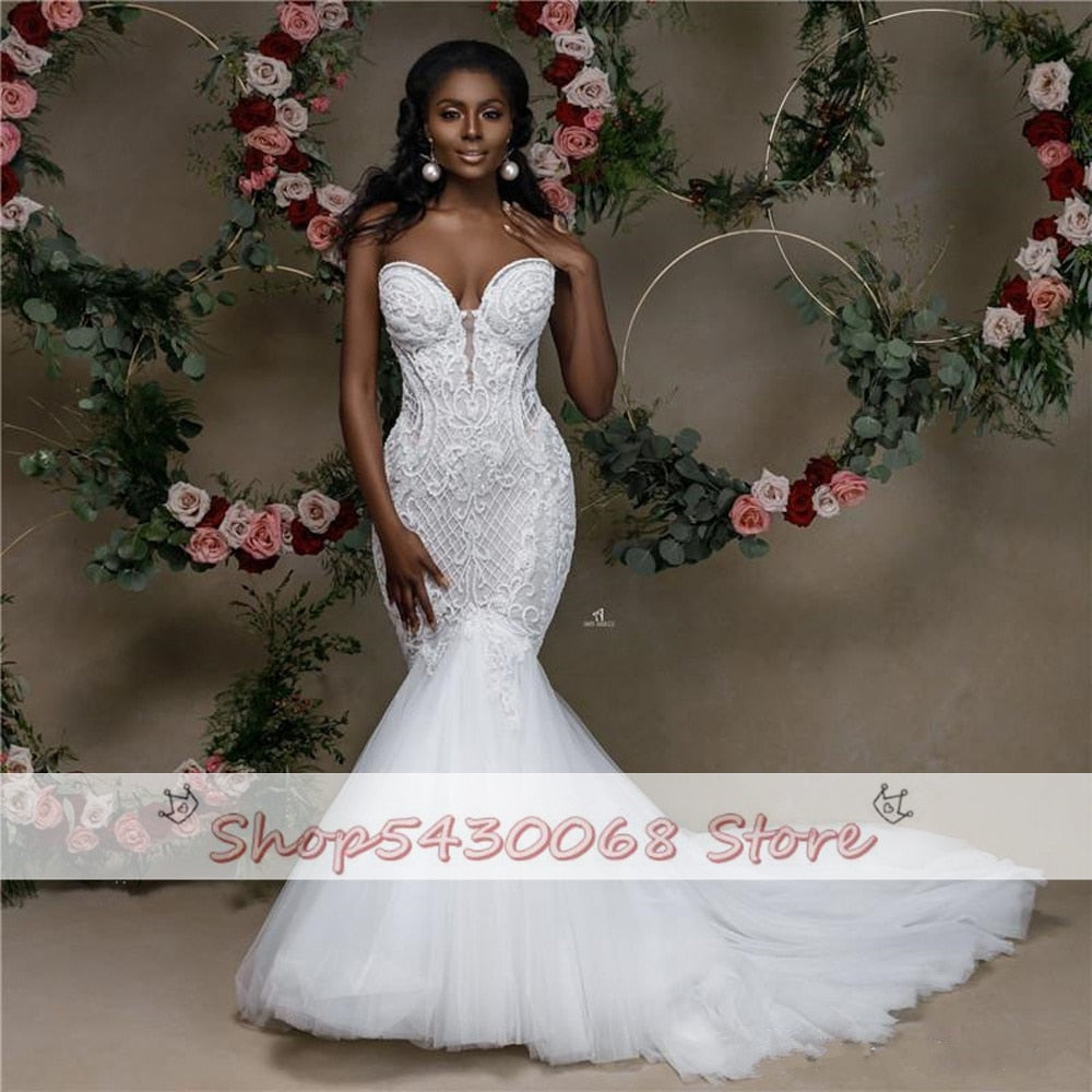 Mermaid Wedding Dress New Strapless Lace Beaded Wedding Gowns Applique Bridal Dress