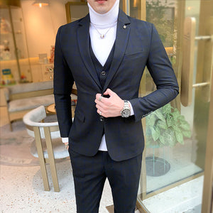 Men Dress Blazers Pants Vest 3 Piece Set Wedding New Business Formal Plaid Suit Luxury Slim Fit Coat Trousers