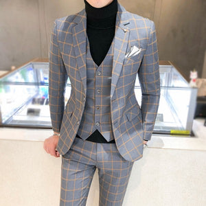 Men Dress Blazers Pants Vest 3 Piece Set Wedding New Business Formal Plaid Suit Luxury Slim Fit Coat Trousers