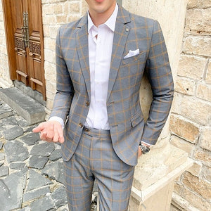 Men Dress Blazers Pants Vest 3 Piece Set Wedding New Business Formal Plaid Suit Luxury Slim Fit Coat Trousers