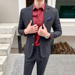 Men Blazers Pants Vest 3 Piece Set Business Formal Plaid Suit Luxury Slim Fit Coat Trousers