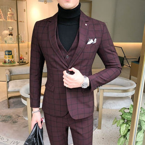 Men Dress Blazers Pants Vest 3 Piece Set Wedding New Business Formal Plaid Suit Luxury Slim Fit Coat Trousers