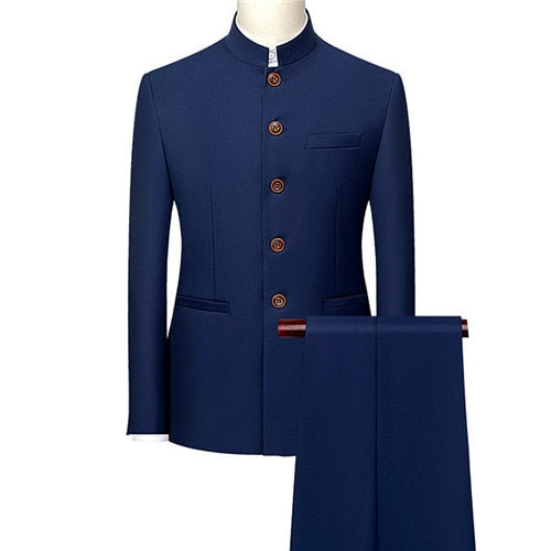 Fashion Men Retro Party 2 Piece Set Blazer Pants Luxury Embroidery Men Tang Suit Jacket Trousers