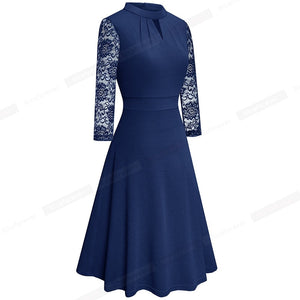 HGM Solid Color with Hollow Out Lace Patchwork Retro Dresses Business Party Flare Swing Women Dress
