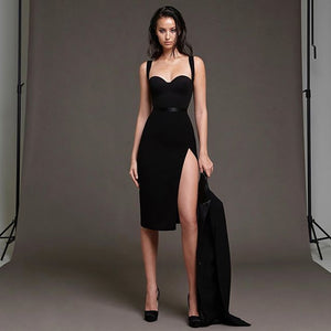 Women Elegant Black Bodycon Bandage Dress Sexy Spaghetti Strap Midi Blue Club Celebrity Runway Party Dress