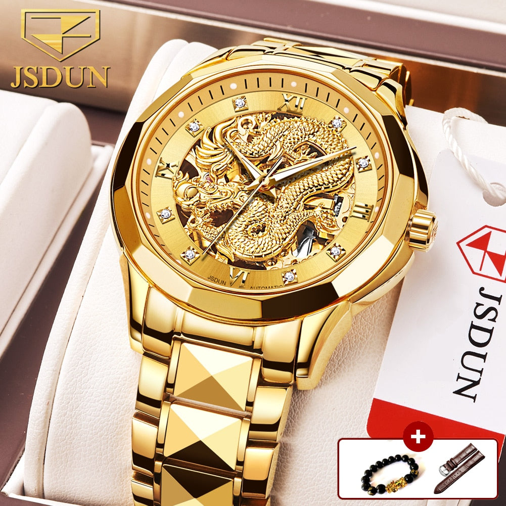 JSDUN Brand Luxury Automatic Mechanical Watches for Men Gold Dragon Watch Waterproof Fashion Unique Gift relogio masculino