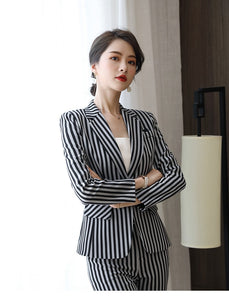 HGM 2 Piece Set Women Clothes Fashion Striped Blazer and Trousers Office Lady OL Style Formal Uniform Suits Work Wear