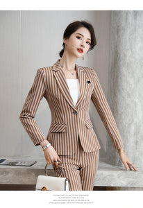 HGM 2 Piece Set Women Clothes Fashion Striped Blazer and Trousers Office Lady OL Style Formal Uniform Suits Work Wear