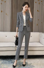 Cargar imagen en el visor de la galería, HGM 2 Piece Set Women Clothes Fashion Striped Blazer and Trousers Office Lady OL Style Formal Uniform Suits Work Wear
