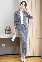 Load image into Gallery viewer, HGM 2 Piece Set Women Clothes Fashion Striped Blazer and Trousers Office Lady OL Style Formal Uniform Suits Work Wear
