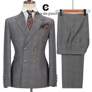 New Men Suit Plaid Double Breasted Two Pieces Slim Fit High Quality Wedding Party