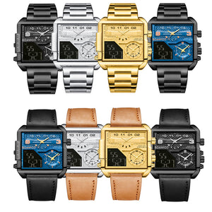 Men Watches Gold Stainless Steel Sport Square Digital Analog Big Quartz Watch
