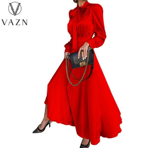 HGM High-end Plus Size Elegant Solid Chiffon Dress Full Sleeve Bow Women's High Waist  A-Line MaxiDress
