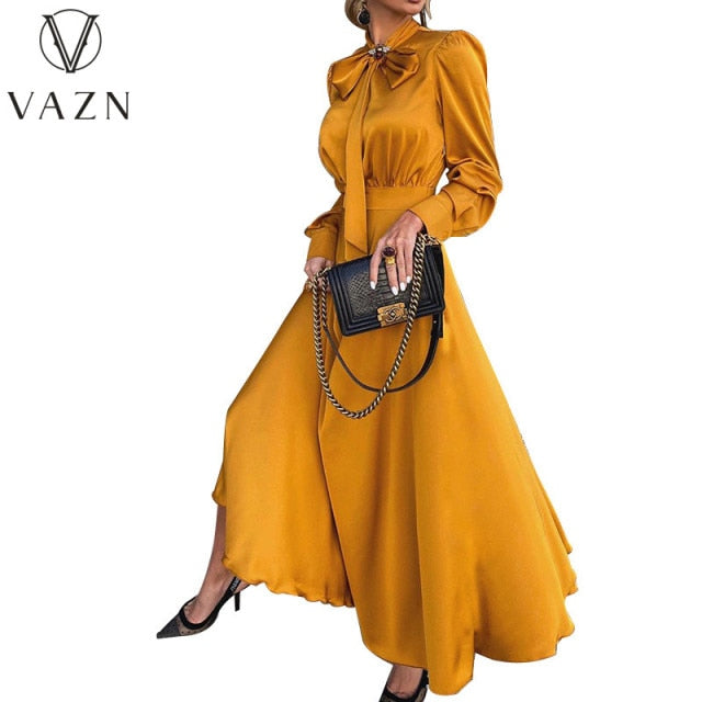 HGM High-end Plus Size Elegant Solid Chiffon Dress Full Sleeve Bow Women's High Waist  A-Line MaxiDress