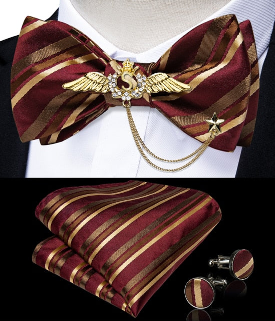Pink Plaid Solid Men's Self Tie Bow Tie Silk Jacquard Woven Wedding Party Bowtie Hanky Brooch Set Men Butterfly Necktie