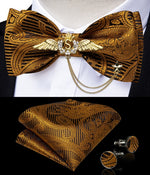 Load image into Gallery viewer, Bow Ties Self Tie Men&#39;s Fashion Gold Paisley Wedding Party Bowtie 100%Silk Men Butterfly Hanky Brooch Pin Cufflinks Set DiBanGu
